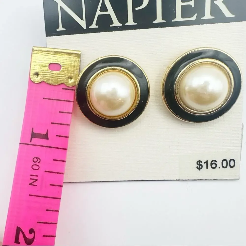 Vintage Napier Faux Pearl Earrings napier black enamel pierced retro